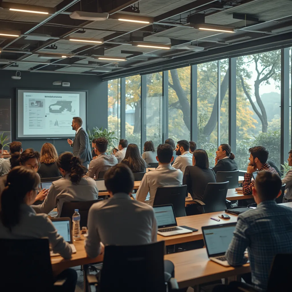 Equipo diverso colaborando en una estrategia de negocios en una oficina moderna en Argentina.